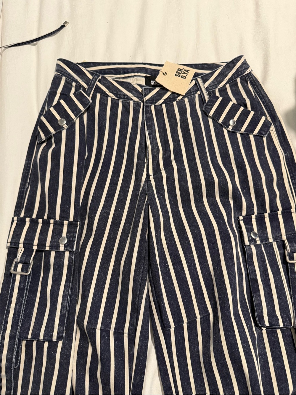 Striped Wide-Leg Cargo Pants in Navy and White - Picture 2 of 5